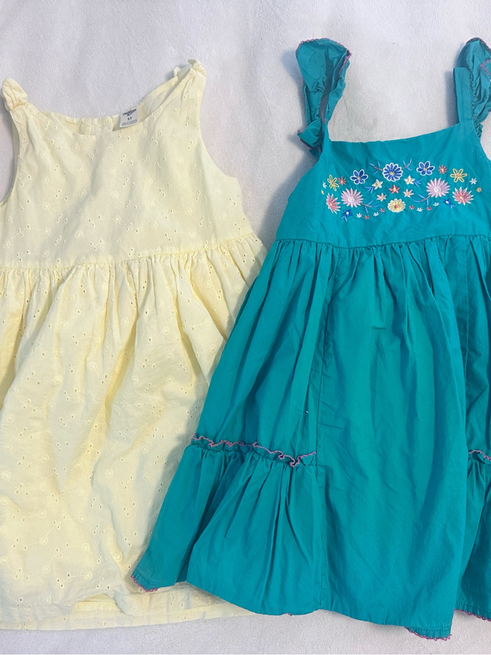 Girls' Green Floral Embroidered Sundress & Pale Yellow Eyelet Dress - lot of 2